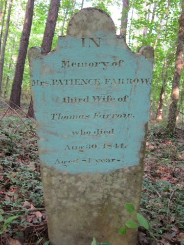 IN Memory of MRS. PATIENCE FARROW, third wife of Thomas Farrow. who died Aug 30, 1841.  Aged 81 years.