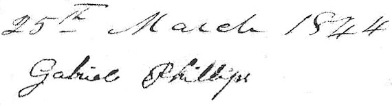 Signature of Gabriel Phillips - witness on receipt of payment of interest to Nancy Edwards Rainwater, guardian to of her son and heir to Rev. Miles Rainwaters estate, Silas Rainwater 25 Mar 1844.  Gabriel Phillips is the husband of Aria Miles, daughter of