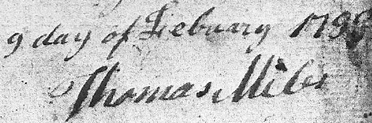 Signature of Thomas Miles on instructions for payment due for militia service during the Revolutionary War  09 Feb 1788
Accounts Audited of Claims Growing Out of the Revolution File #5235  
page 2 - 