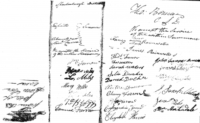 Summons to prove Samuel Farrows will signature page.  We accept the service of the within summons  21 Mar 1825