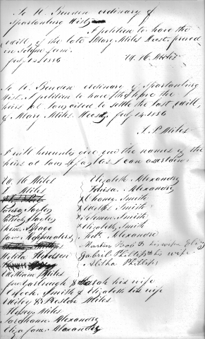 Estate of Mary Miles, Citation and Evidence to prove Will, Spartanburg County estate file #2476 14 Jul 1856