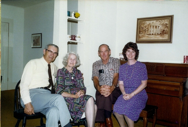 A. K. Callahan, Ida Tarwater Callahan (daughter of Ida Miles & James Tarwater), Billy Miles (son of O.T. Miles & Sue Weeks) and Nancy Miles Callahan.  Photo c. 1980 at the Tarwater home, Fayette, Alabama